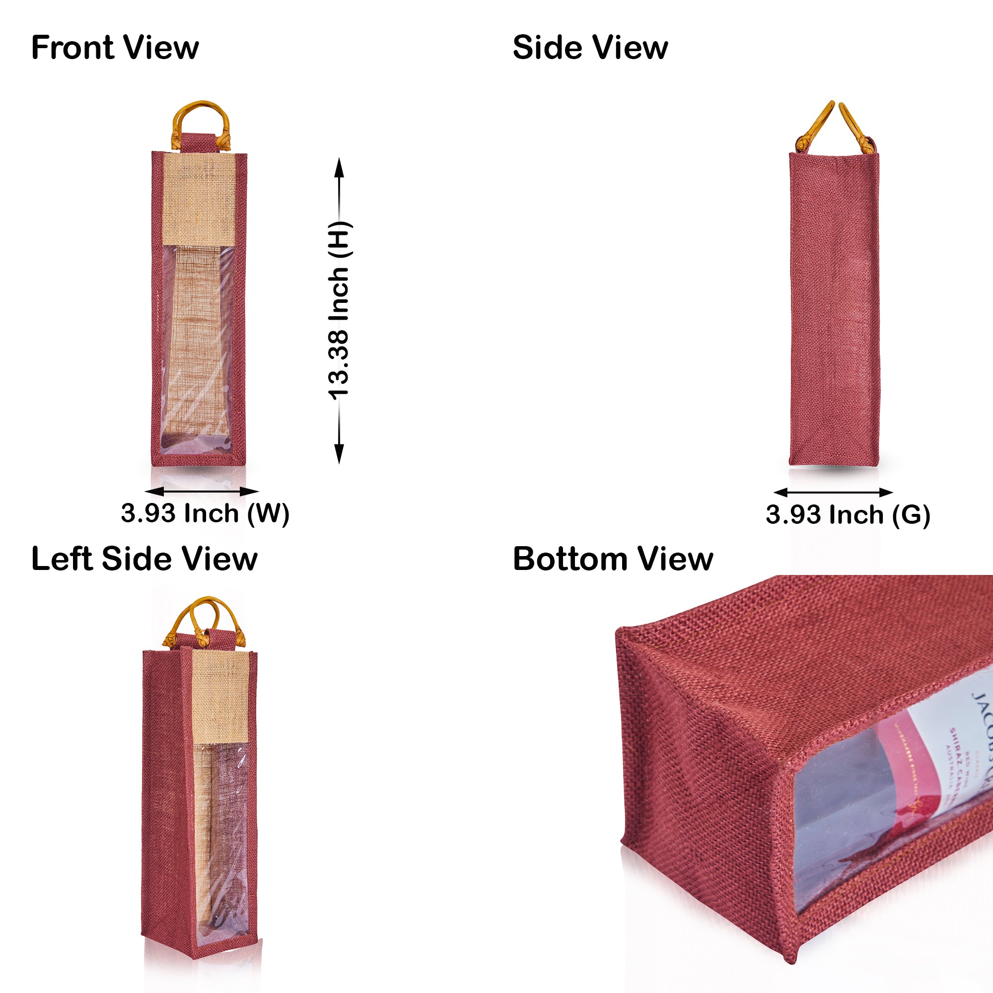 Jute Wine Gift Bags with PVC Window – Reusable Single-Bottle Carriers, Ideal for Gifting, Weddings & Parties (Packs of 6)