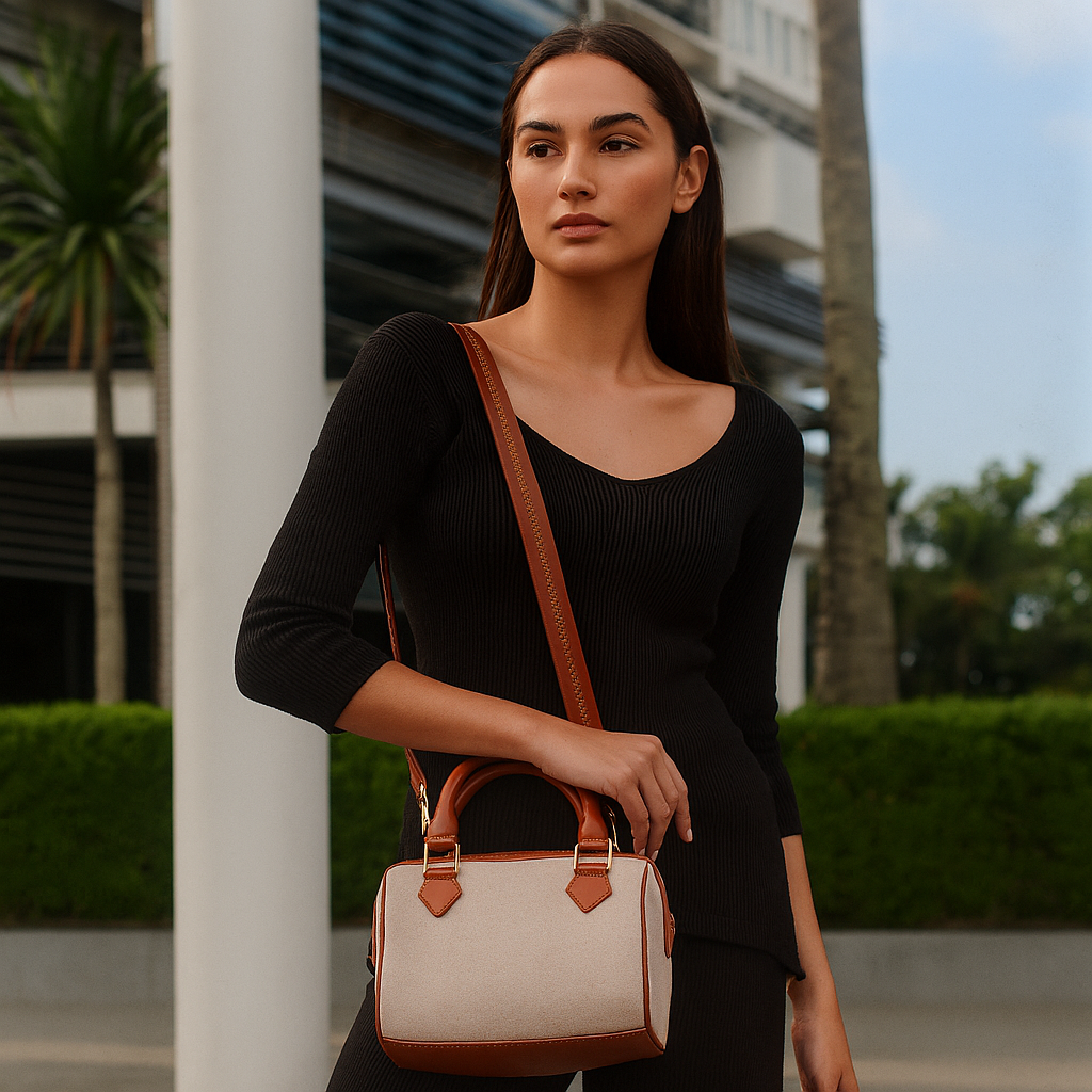 Women’s Beige Colour Hand Crafted Fabric Handbag – Jucobee Top Handle Crossbody Bag with Vegan Leather Trim, Adjustable Strap Sling & Shoulder Bag