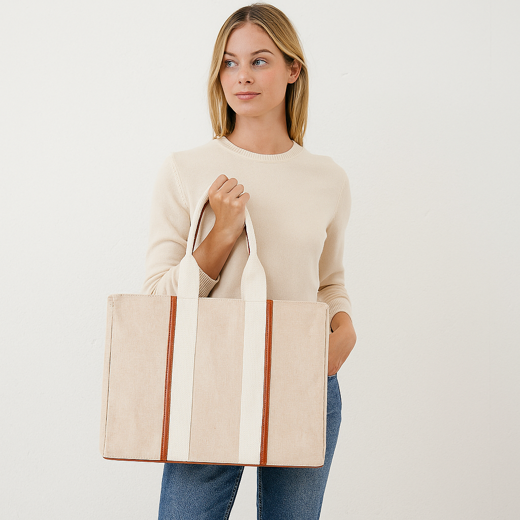 Hand Crafted Beige Canvas Handbags with Zipper,Jucobee Top-Handle Crossbody Tote Bag- Office, Daily Use, Travel, Gifting