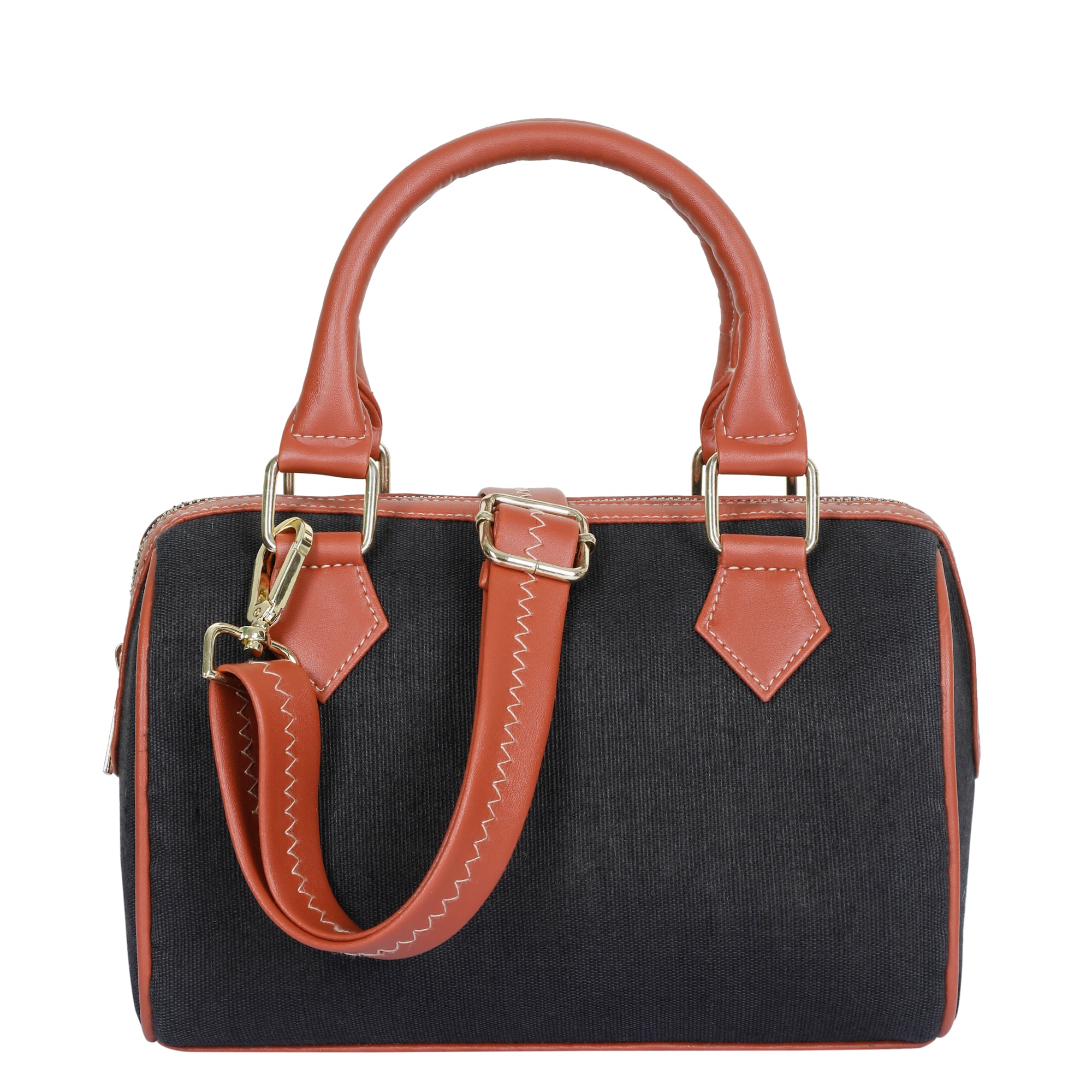 Black Canvas Top Handle Crossbody Bag for Women – Handcrafted Fabric with Vegan Leather Trim, Convertible Sling Handbag with Zippered Compartments