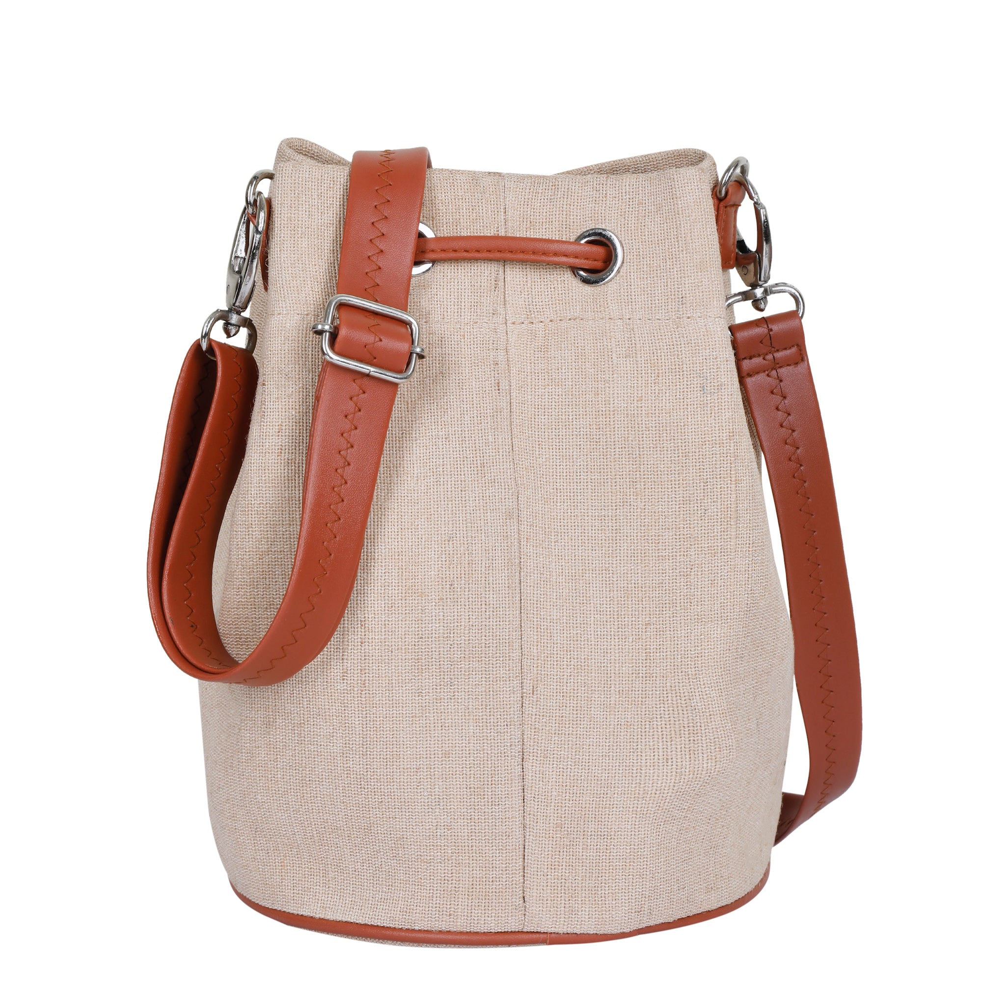 Jucobee Women’s Handcrafted Fabric Beige Bucket Sling Bag – Crossbody with PU Leather Trim and Drawstring Closure, Ideal for Daily Use, Travel & Gifting