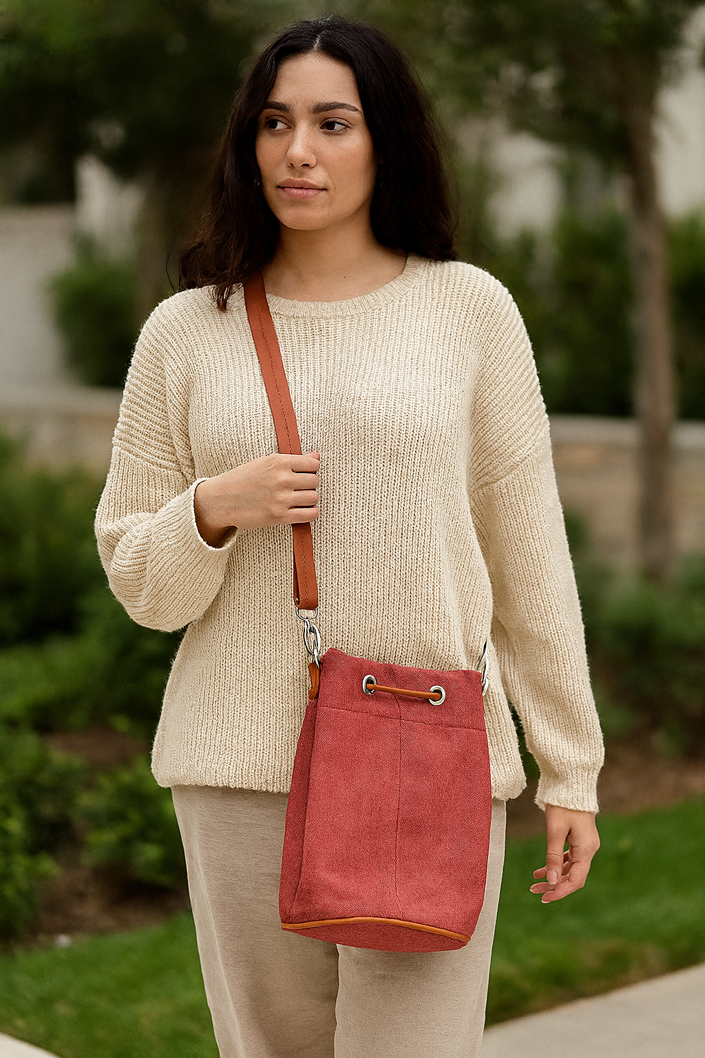 Handcrafted Pink Fabric Bucket Sling Bag for Women with PU Leather Trim –Jucobee  Crossbody with Drawstring- Daily Use, Travel & Gifting