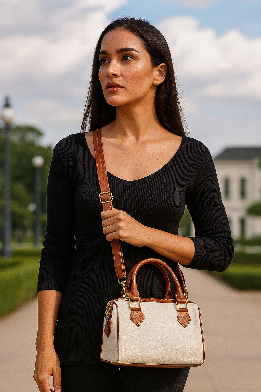 Jucobee Women’s Canvas Off WhiteTop Handle Crossbody Bag – Vegan Leather Trim Convertible Handbag Sling Bag with Zipper Closure