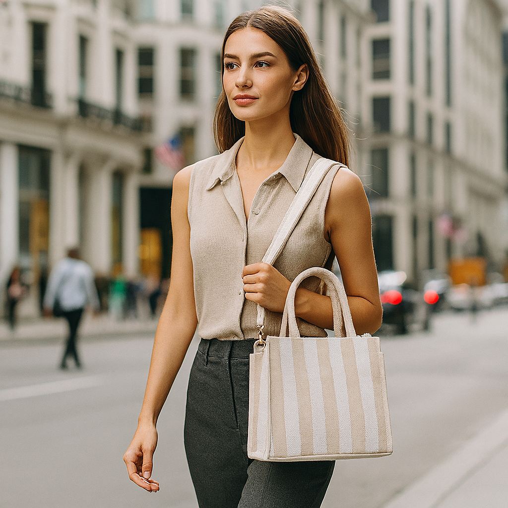 Women’s Fabric Top Handle Handbag – Taupe Striped Canvas Crossbody Sling Tote Bag with Zipper, Stylish Shoulder Bag for Ladies, Ideal for Work, Travel & Everyday Use