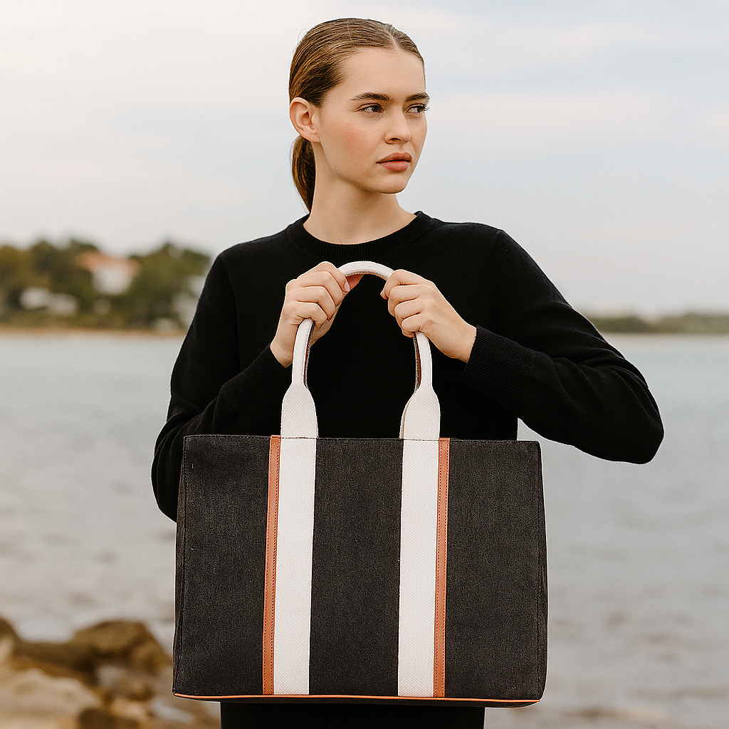 Jucobee Hand Crafted Black Canvas Fabric Handbags with Zipper, Top-Handle Crossbody Tote Bag- Office, Daily Use, Travel, Gifting